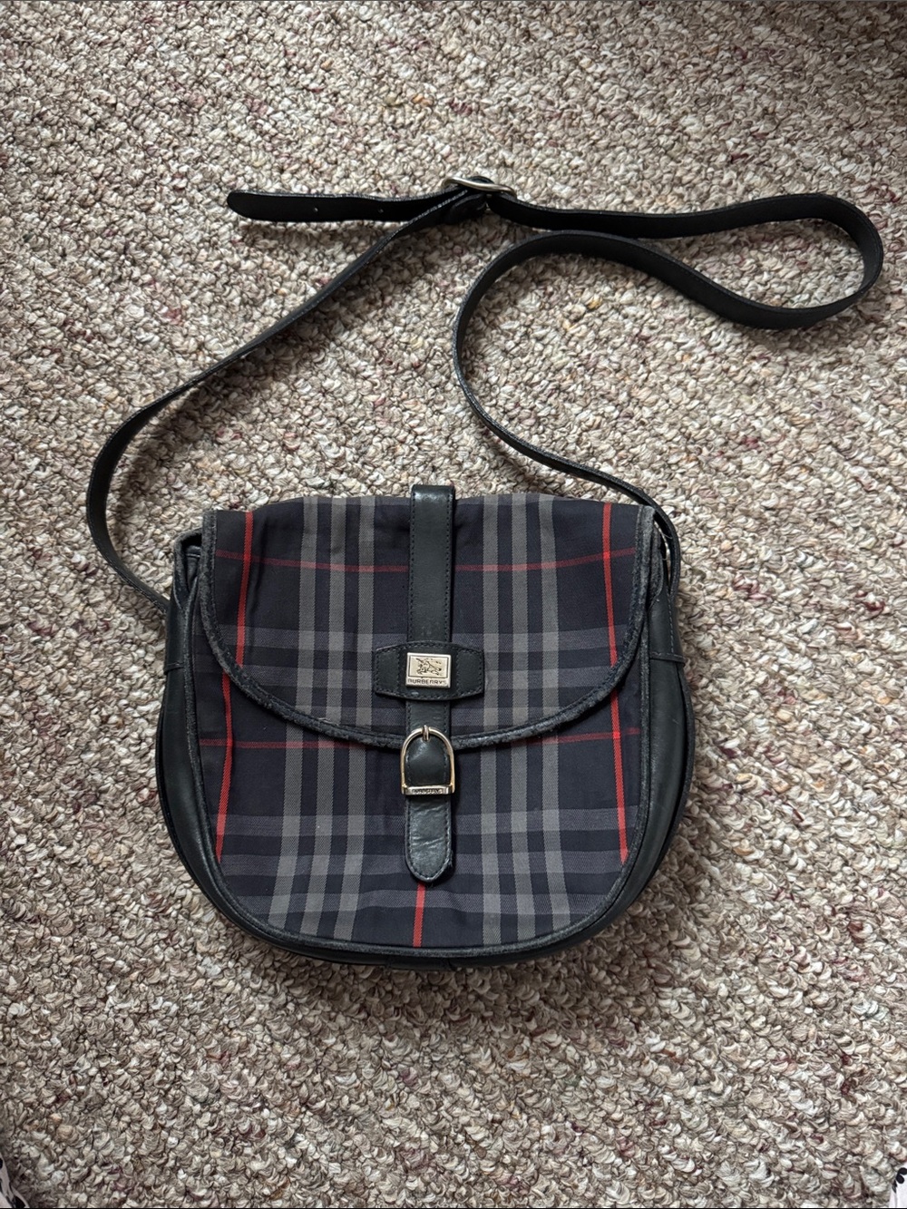 Burberry Navy and Gray Plaid Leather-Trim Messenger Bag with Red Accents